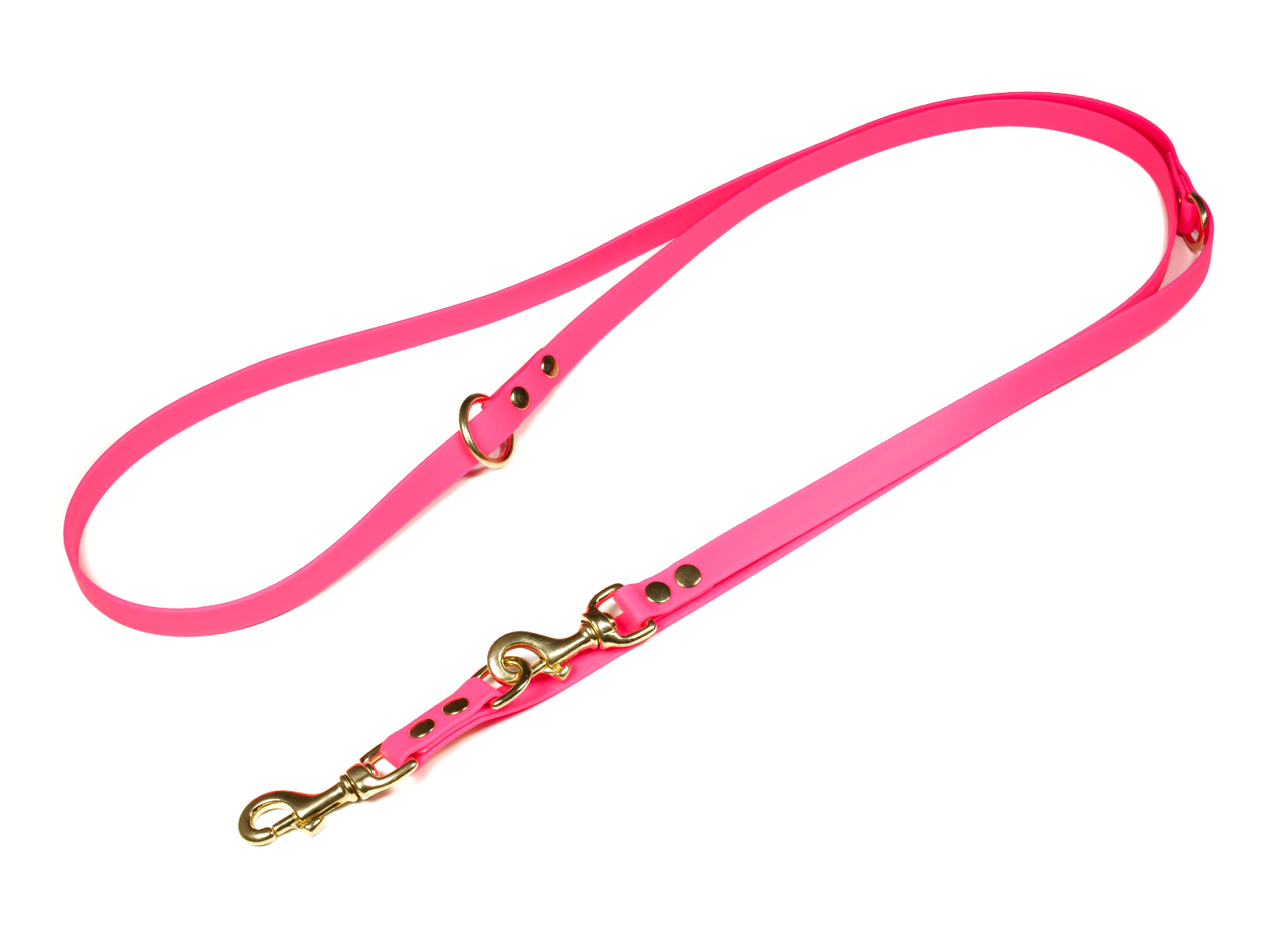 Biothane_adjustable_leash_solid_brass_19mm_neon_pink_big_web Mystique Biothane verstellbare Führleine